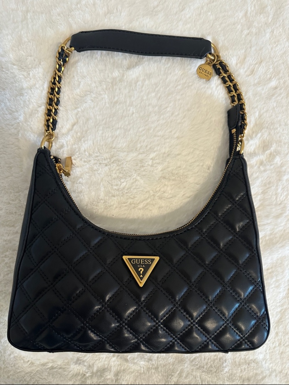 Guess Black Quilted Shoulder Bag with Gold Accents
